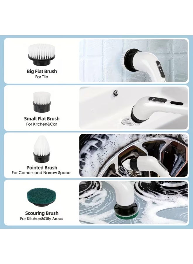 فرشاة تنظيف كهربائية دوارة لاسلكية 9 في 1 مع 9 رؤوس فرشاة قابلة للاستبدال وذراع تمديد قابل للتعديل بطول 54 بوصة، فرشاة تنظيف قوية قابلة لإعادة الشحن للحمام والمطبخ والبلاط والأرضيات وأحواض الاستحمام - Image 2